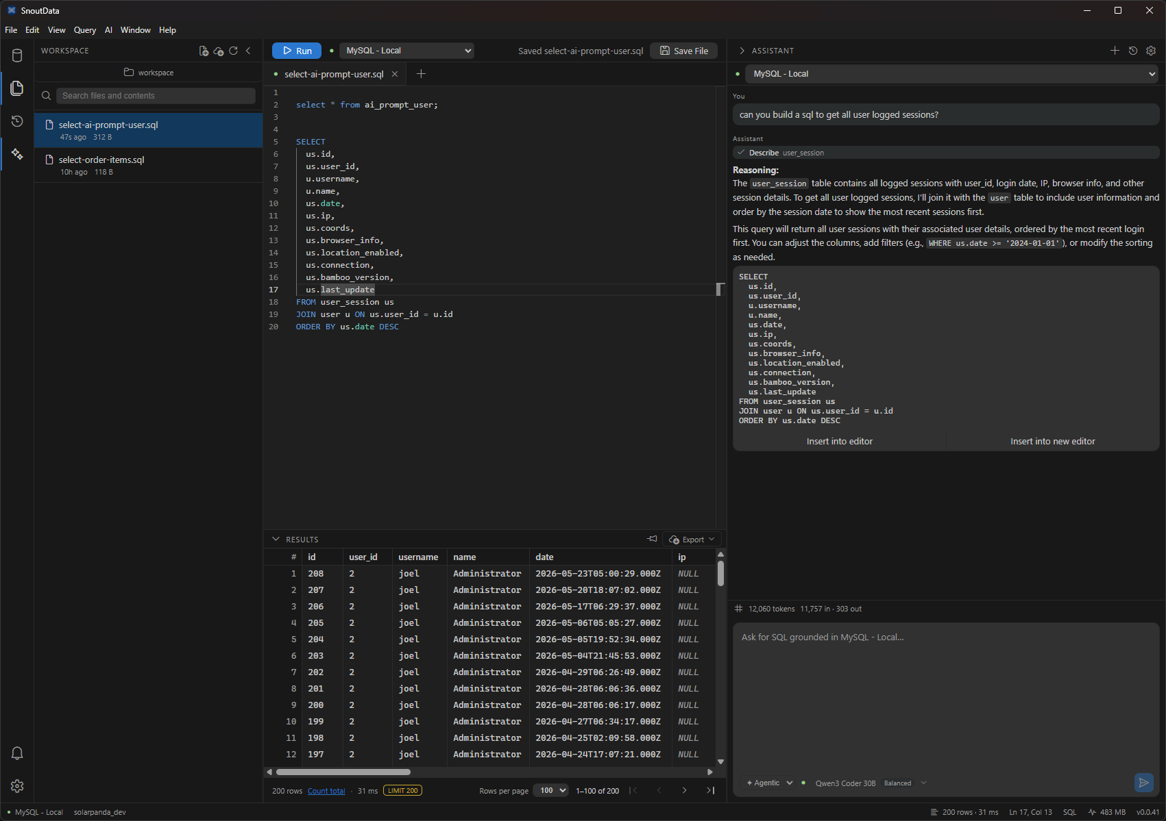 The editor with a query, the results grid below, and the AI assistant alongside
