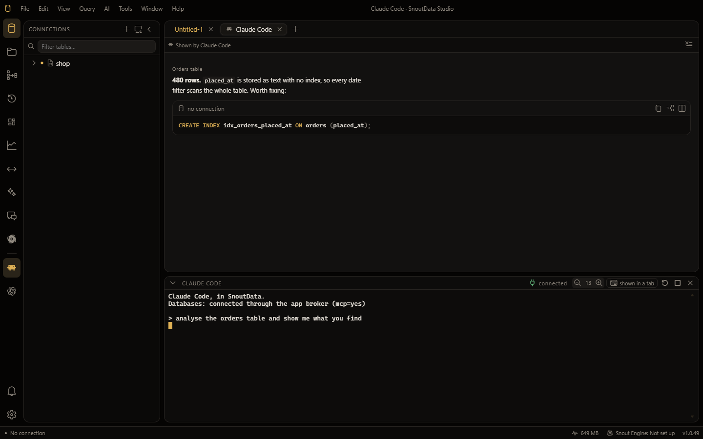 Claude Code running in a console at the bottom of Studio, and what it showed in its own tab above: a finding and a SQL card with Run
