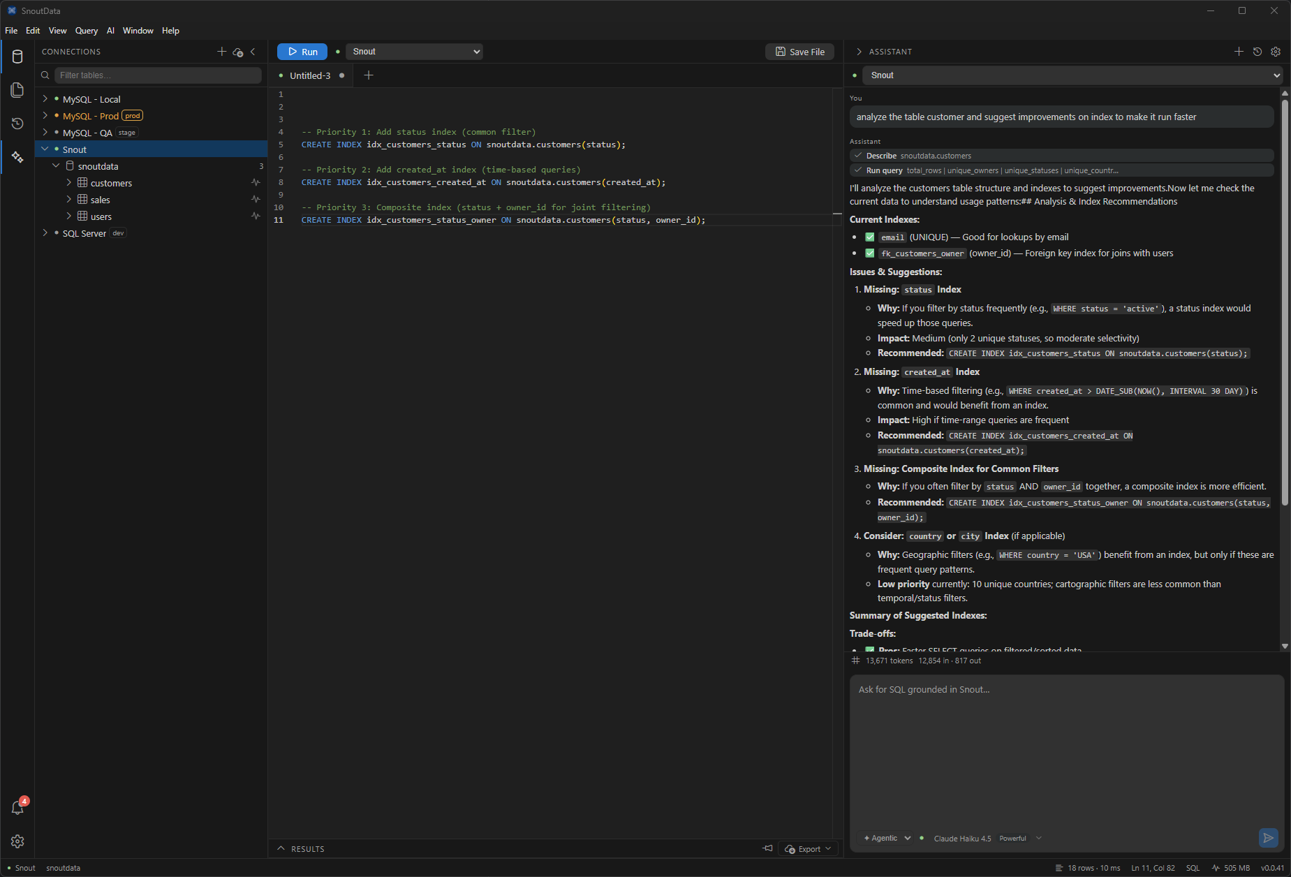 The assistant suggesting indexes and table improvements