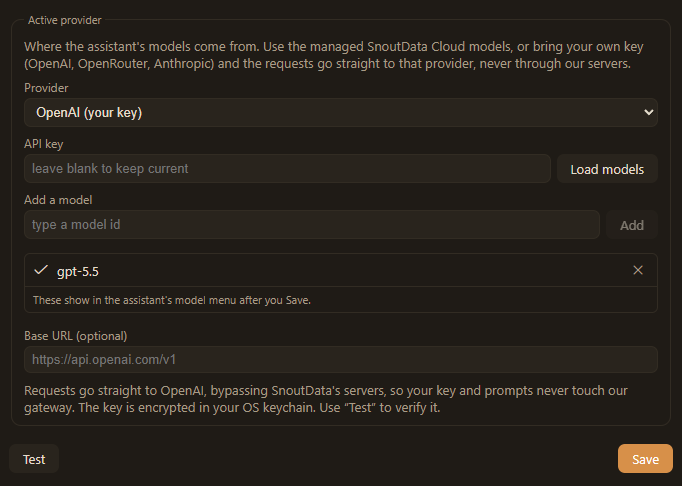The BYOK provider settings: pick a provider, paste a key, add a model, optional base URL