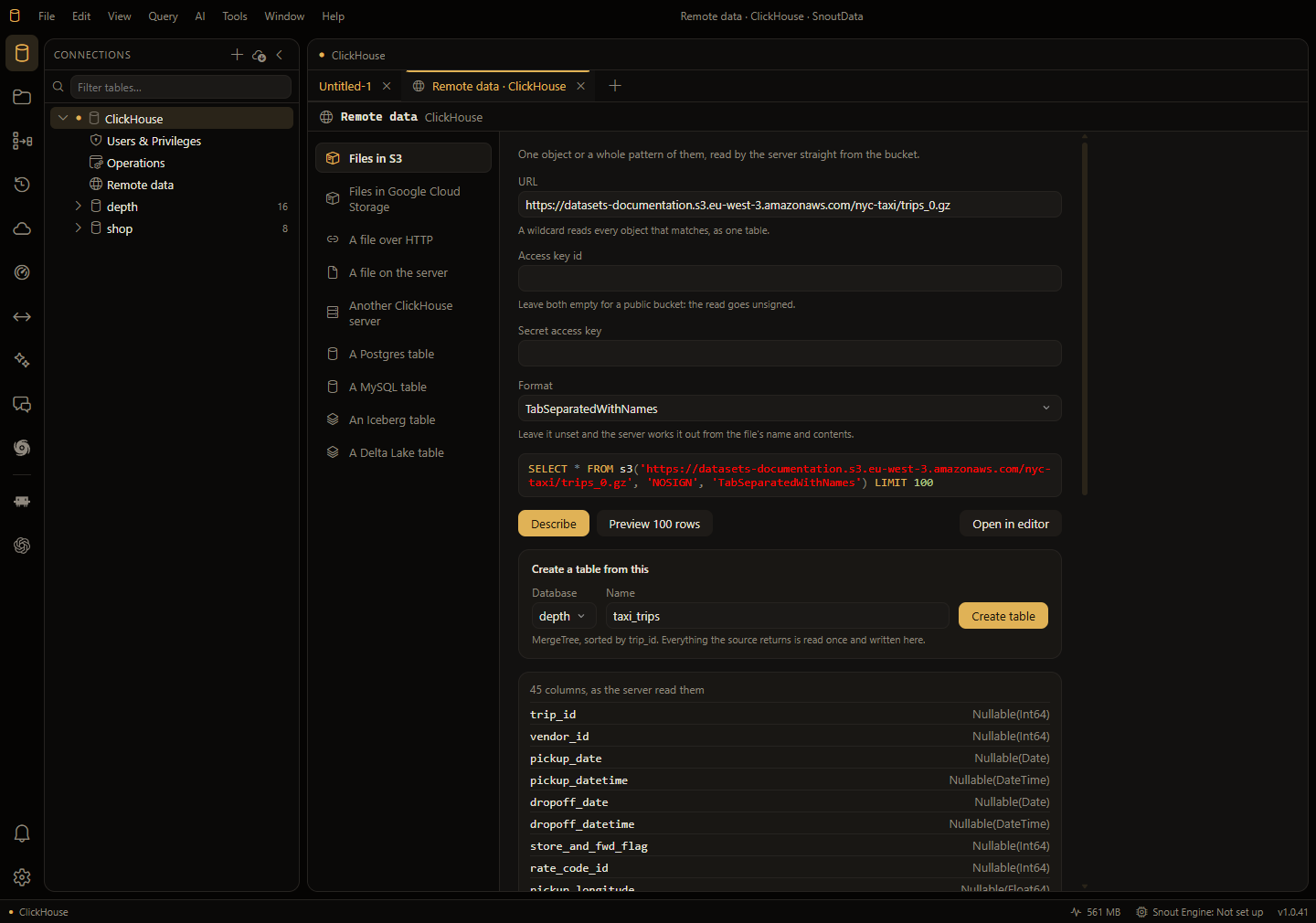 Remote data: a public S3 file filled into the S3 form, the statement it builds, and the 45 columns ClickHouse inferred from the file