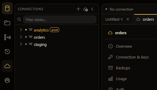 The Connections list with three SnoutData Cloud databases, analytics (marked prod), orders and staging, each marked with the butterfly