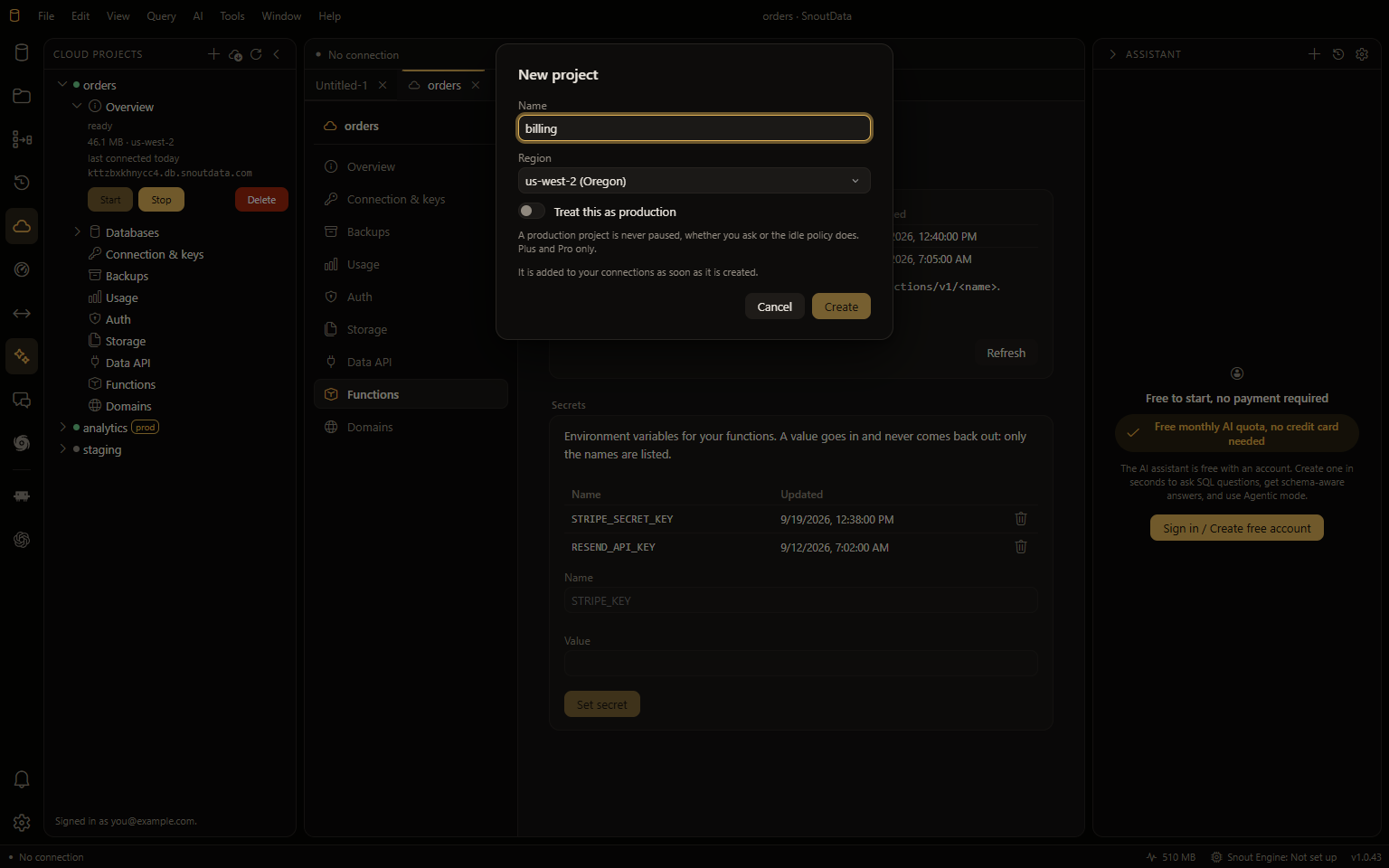 The New project dialog: a name, the region, and a switch to treat the project as production
