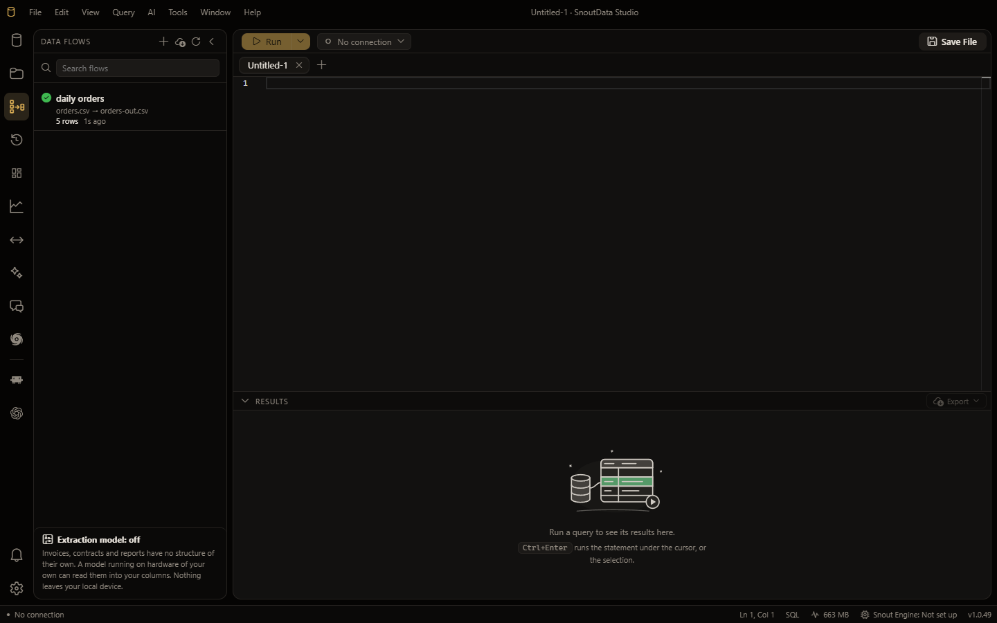 The Data flows panel: a saved flow, what it reads and writes, and how many rows its last run moved