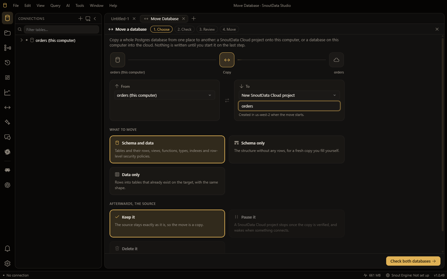 Move a database: a database on this computer going into a new SnoutData Cloud project named orders, with what to move and what happens to the source chosen below