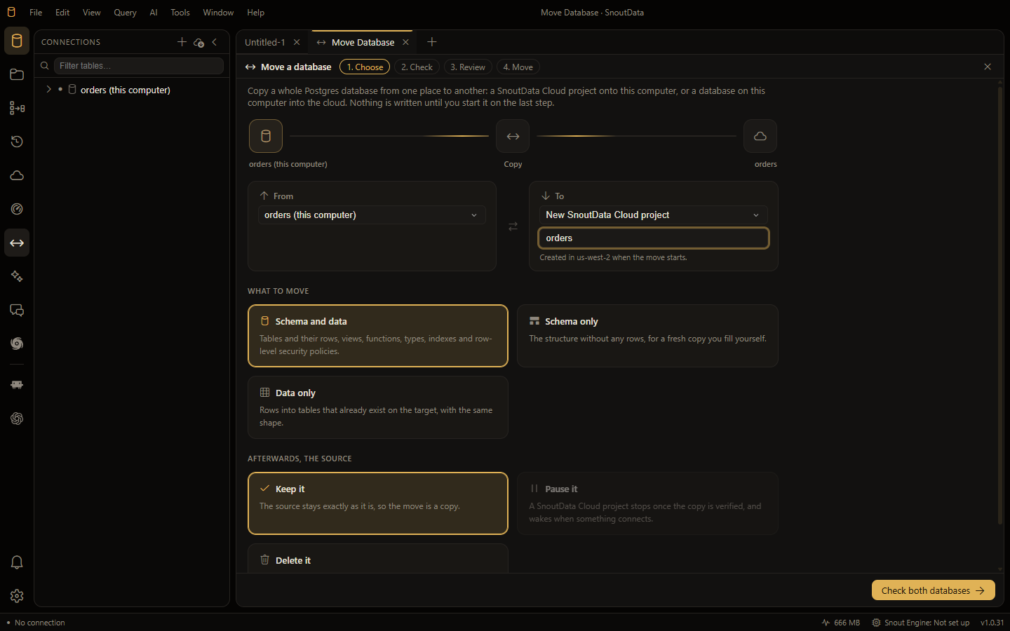 Move a database: a database on this computer going into a new SnoutData Cloud project named orders, with what to move and what happens to the source chosen below