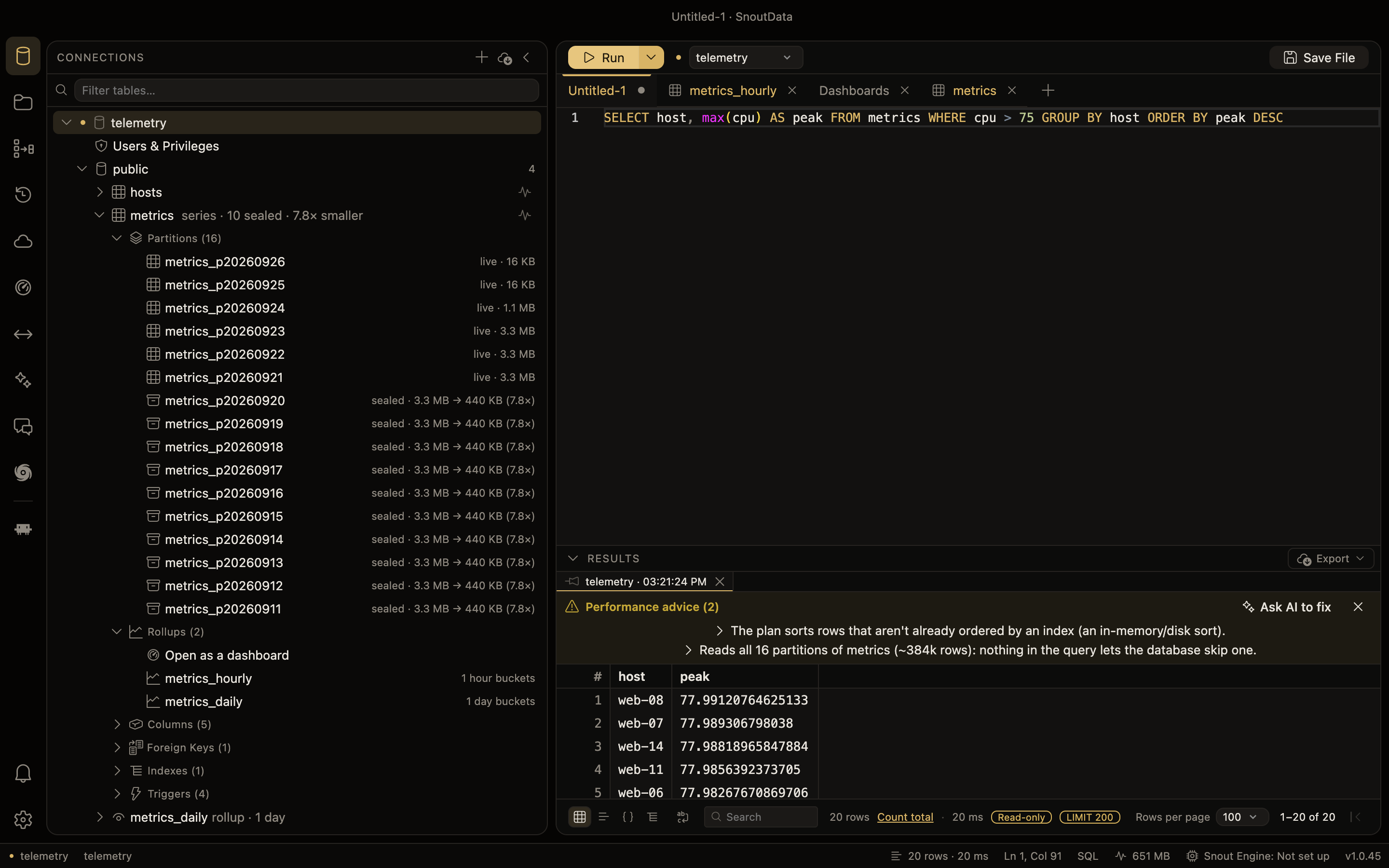 A query with no time filter: the advisory above its results says it reads all 16 partitions of metrics