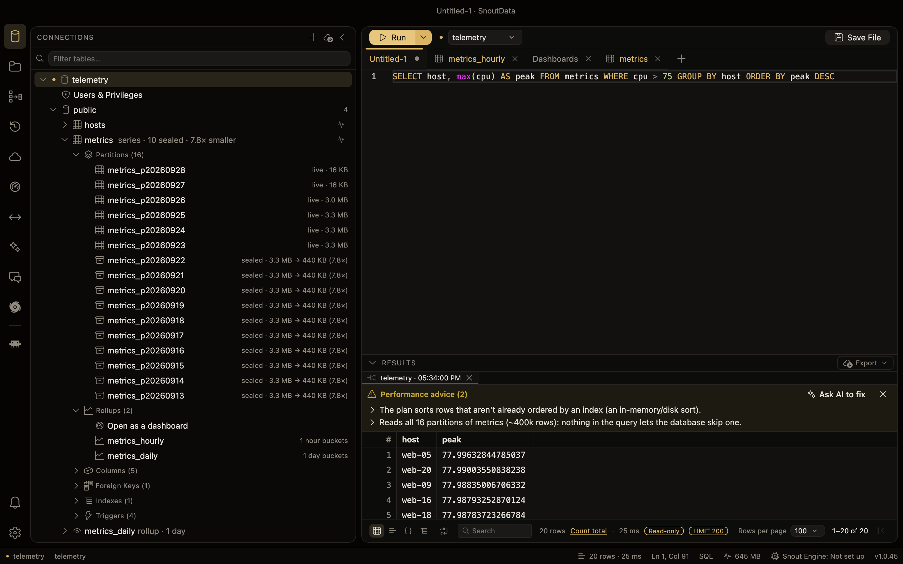 A query with no time filter: the advisory above its results says it reads all 16 partitions of metrics