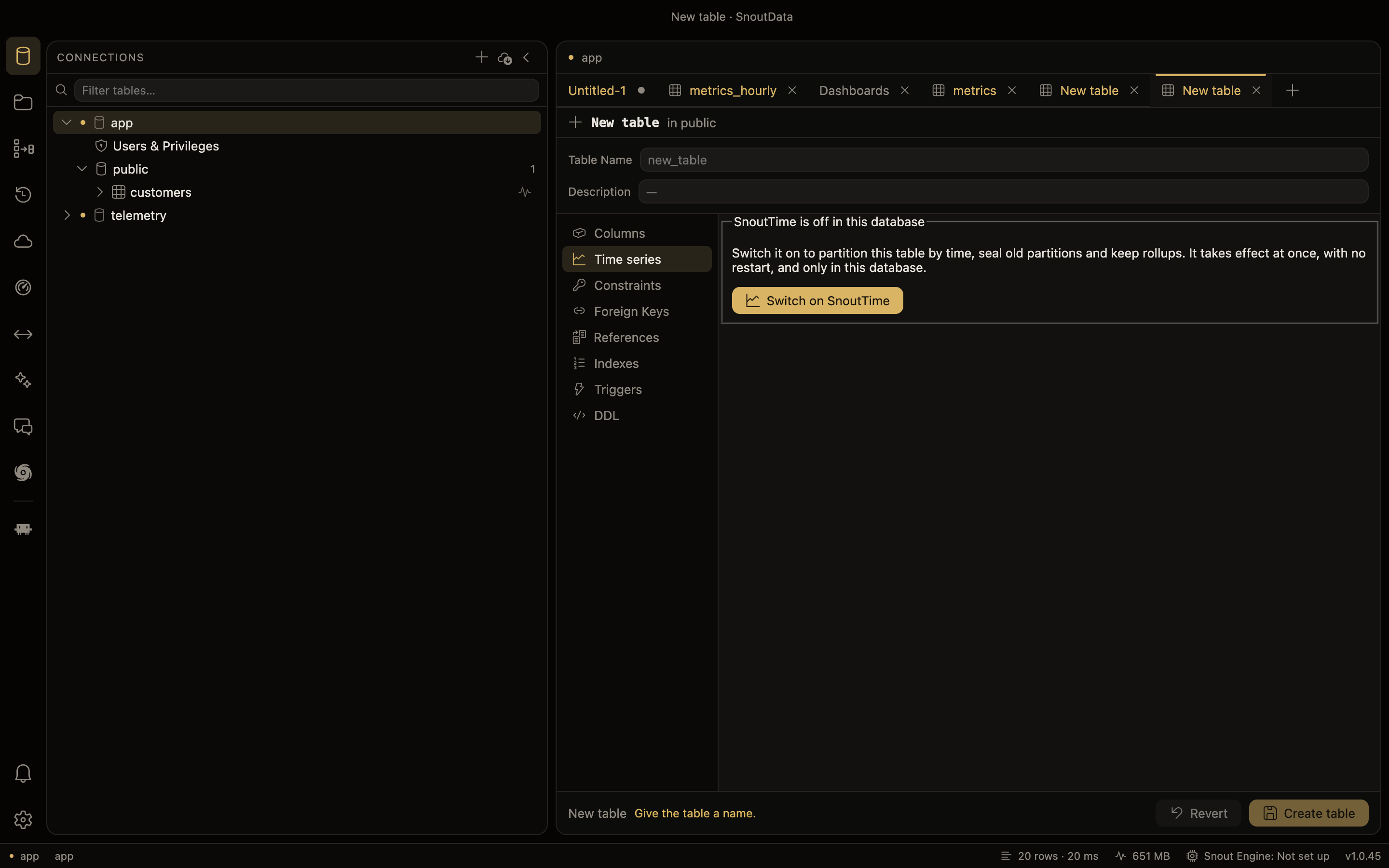 The Time series section in a database where SnoutTime is off, with Switch on SnoutTime
