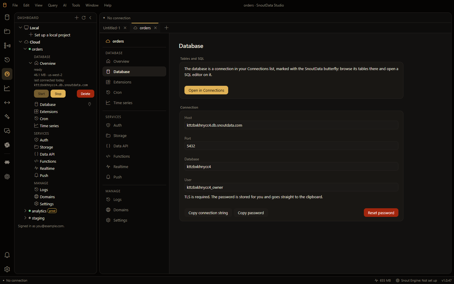 A project's Database section: Open in Connections, then the host, port, database and user, with Copy connection string, Copy password and Reset password